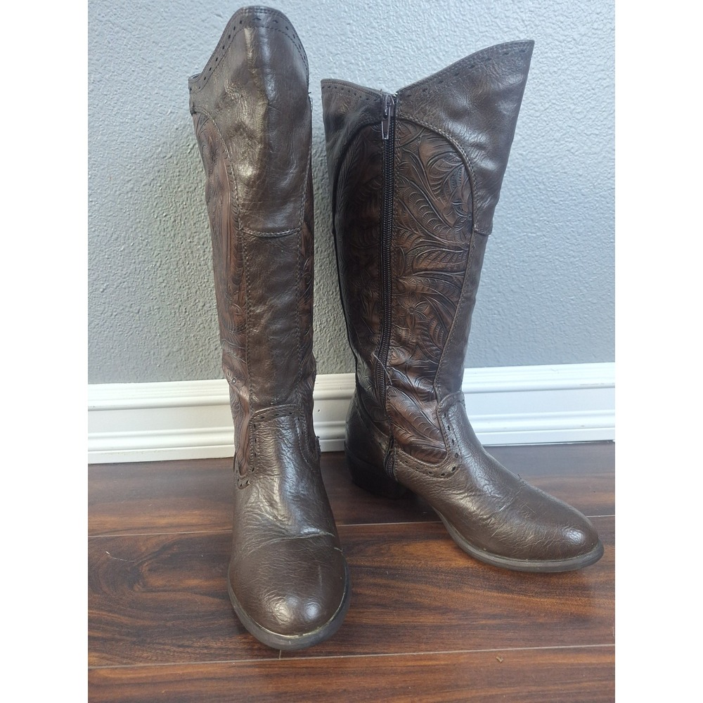 Brown Floral Embossed Western Sbicca Tall Boots Women Sz 6M Side Zip Low Heel